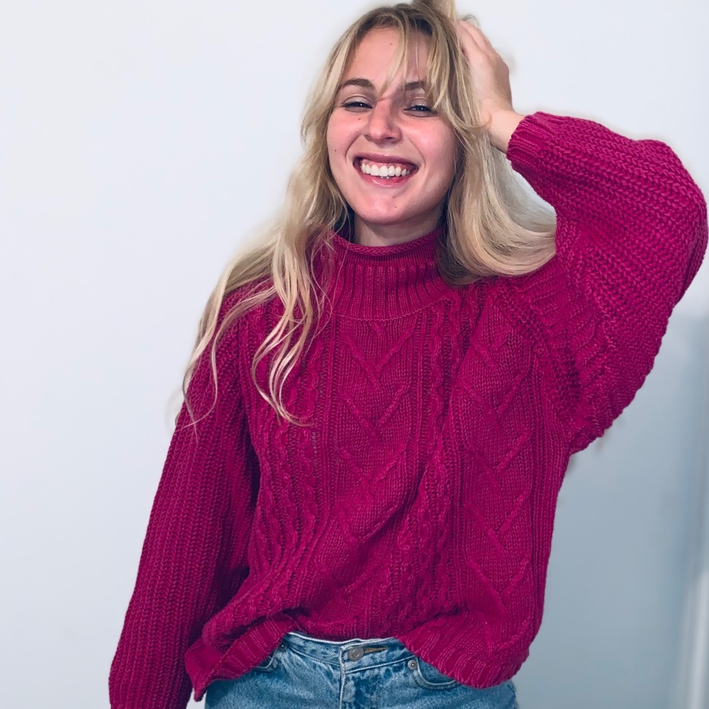 cabled fuchsia mock neck sweater